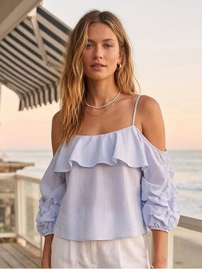 ASTR The Label Blue White Striped Cold Shoulder Ruffle Blouse Long Sleeve Size L